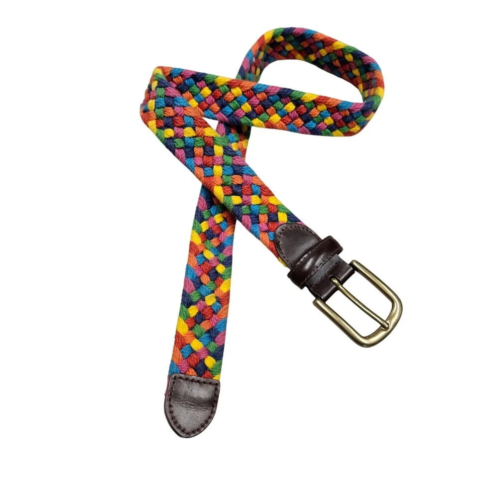 Fossil Braided Woven‎ Belt Womens S Multicolor Rainbow Leather Trim Boho Casual